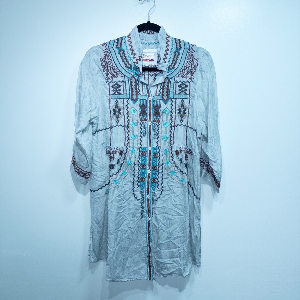 Biya by Johnny Was Turquoise Blue Embroidered Tribal Silk Tunic Medium